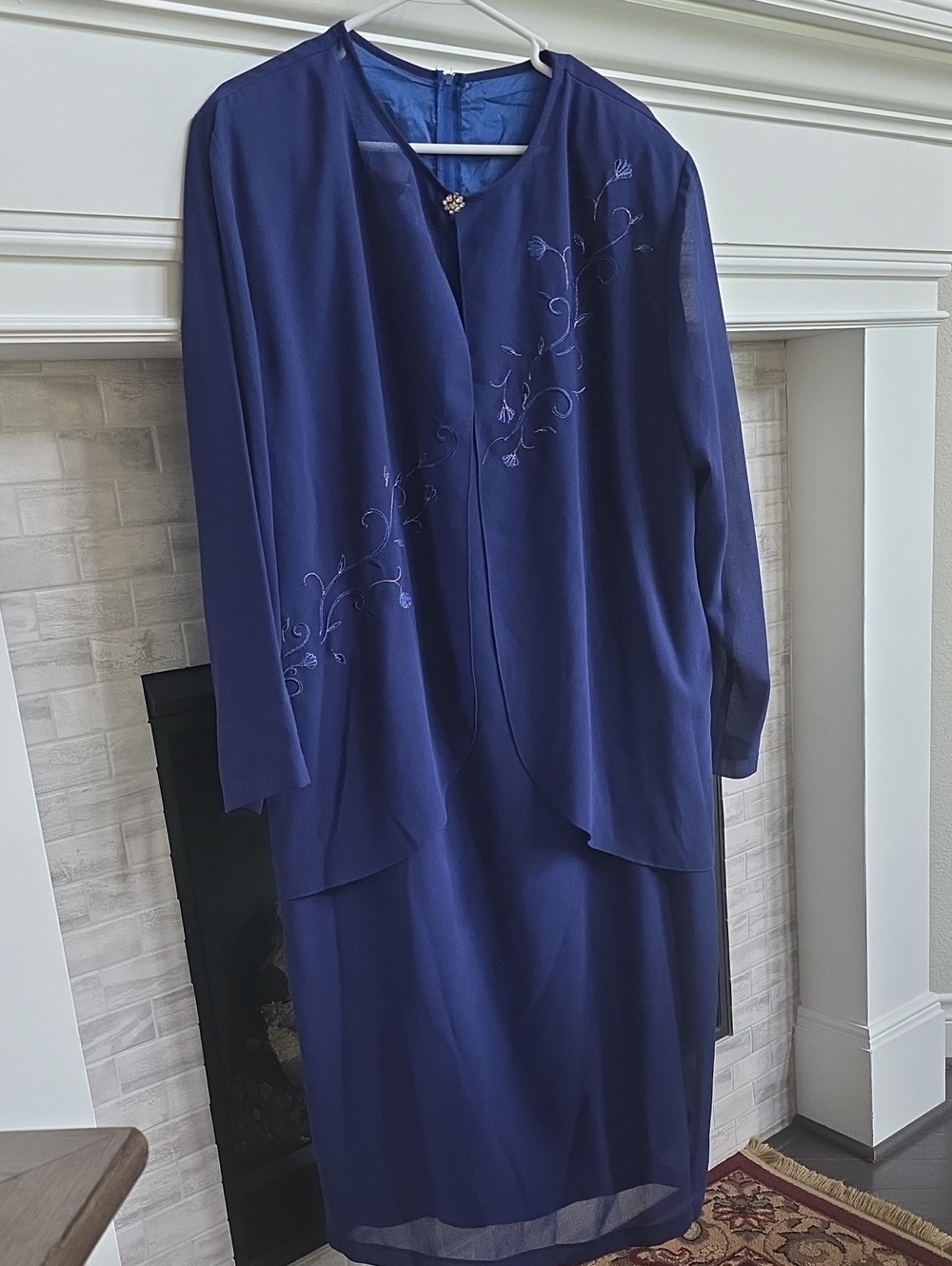 Elegant Navy Blue Embroidered Jacket Dress Set